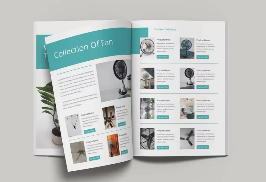 Printed product catalogue design featuring high-quality product images and a professional layout